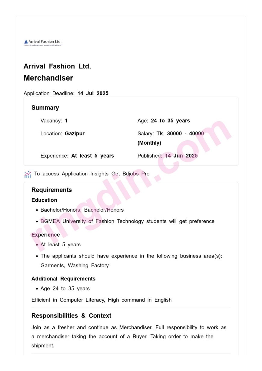 Arrival Fashion Ltd Job Circular