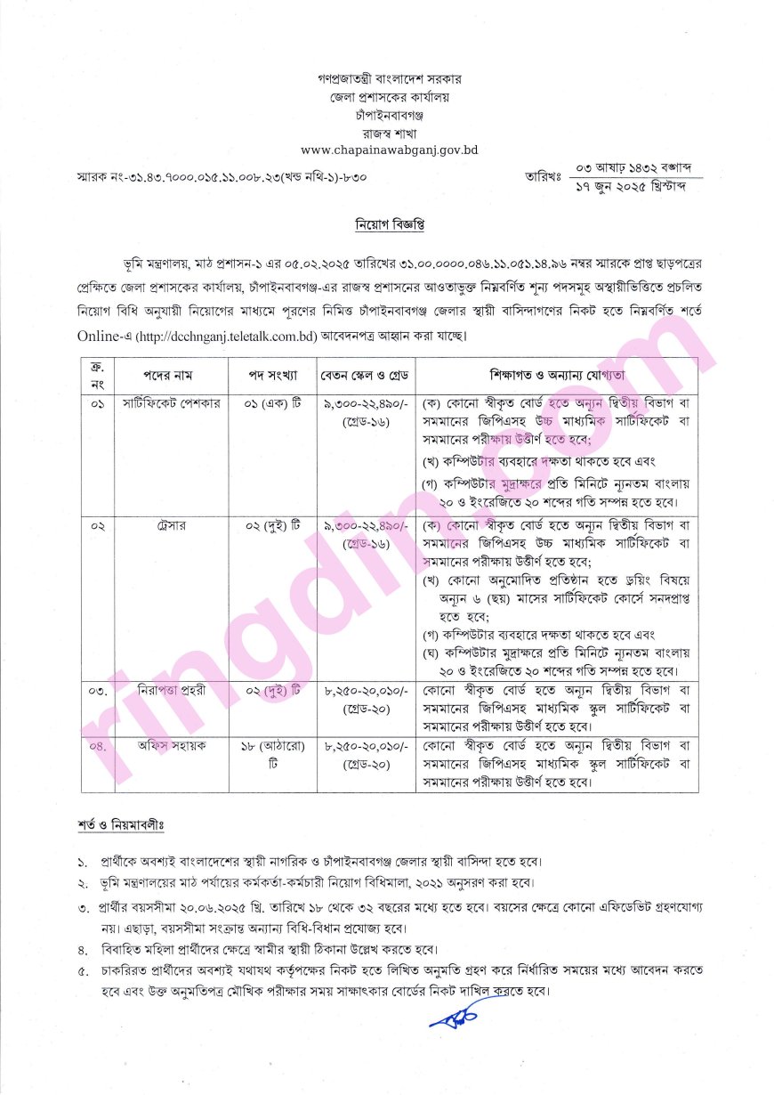 DC Office Chapainawabganj job circular