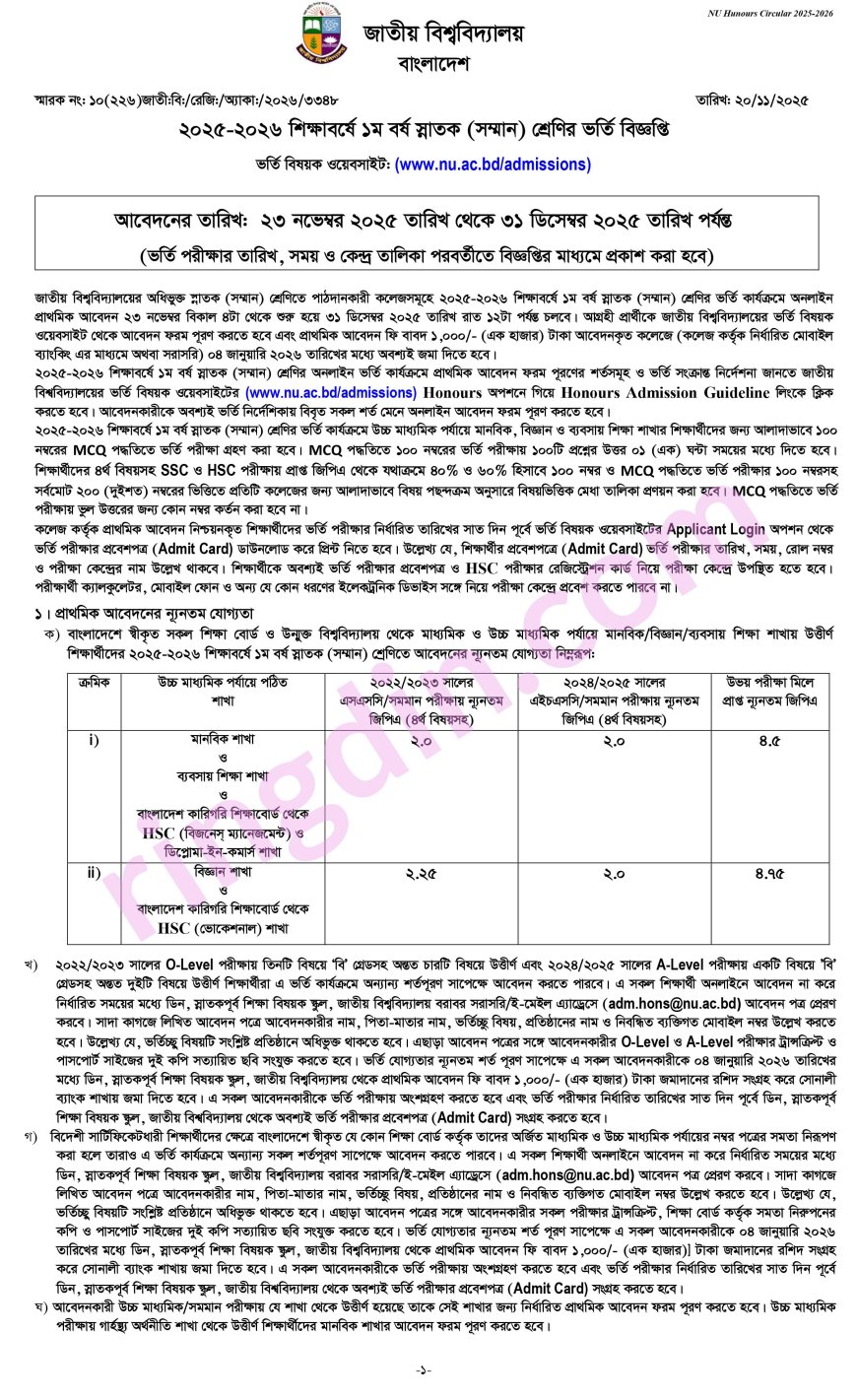 honours 1st year admission